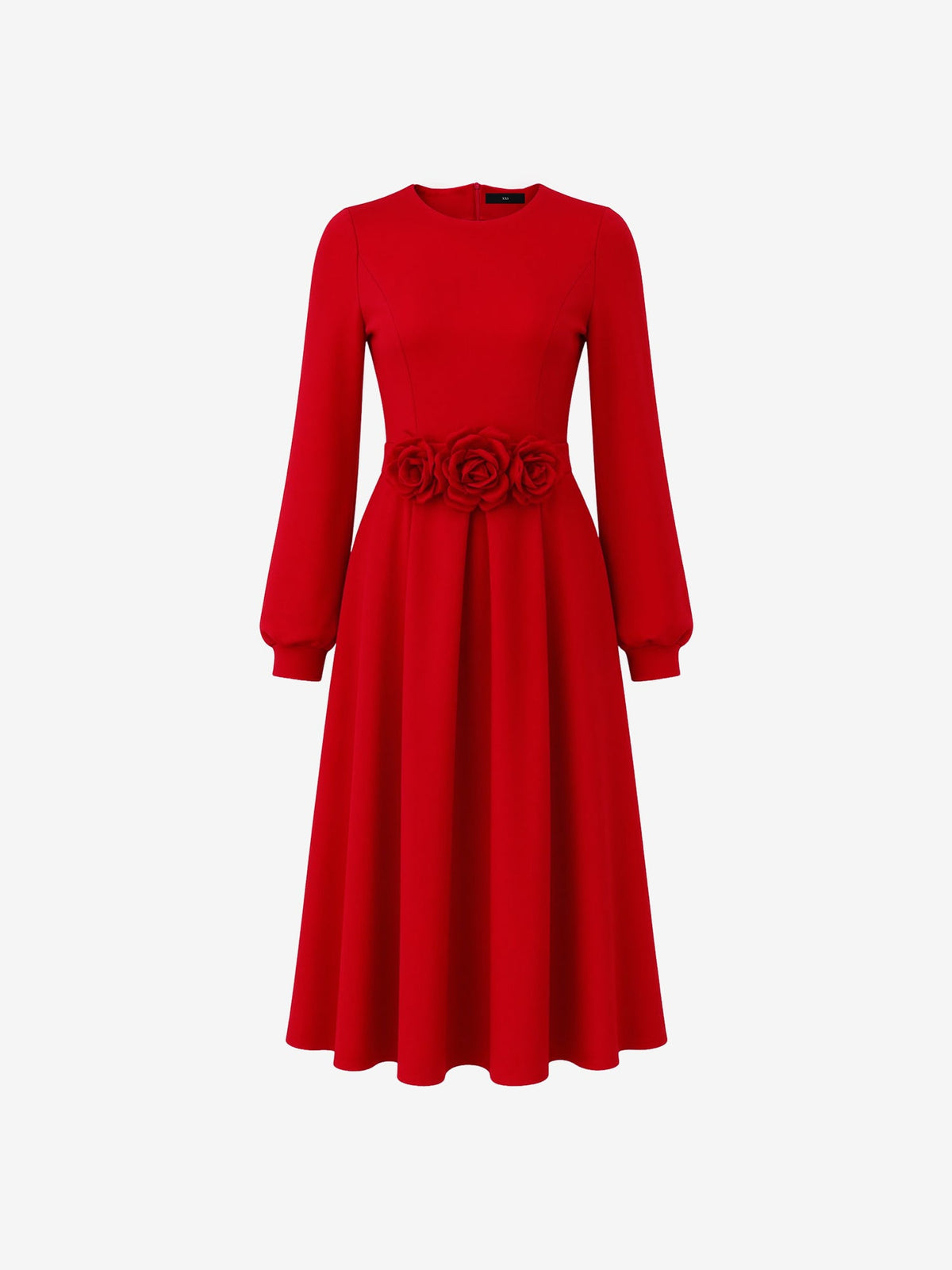 Flower Decor Lantern Sleeves A-Line Midi Dress