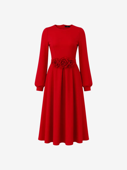 Flower Decor Lantern Sleeves A-Line Midi Dress