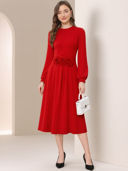 Flower Decor Lantern Sleeves A-Line Midi Dress