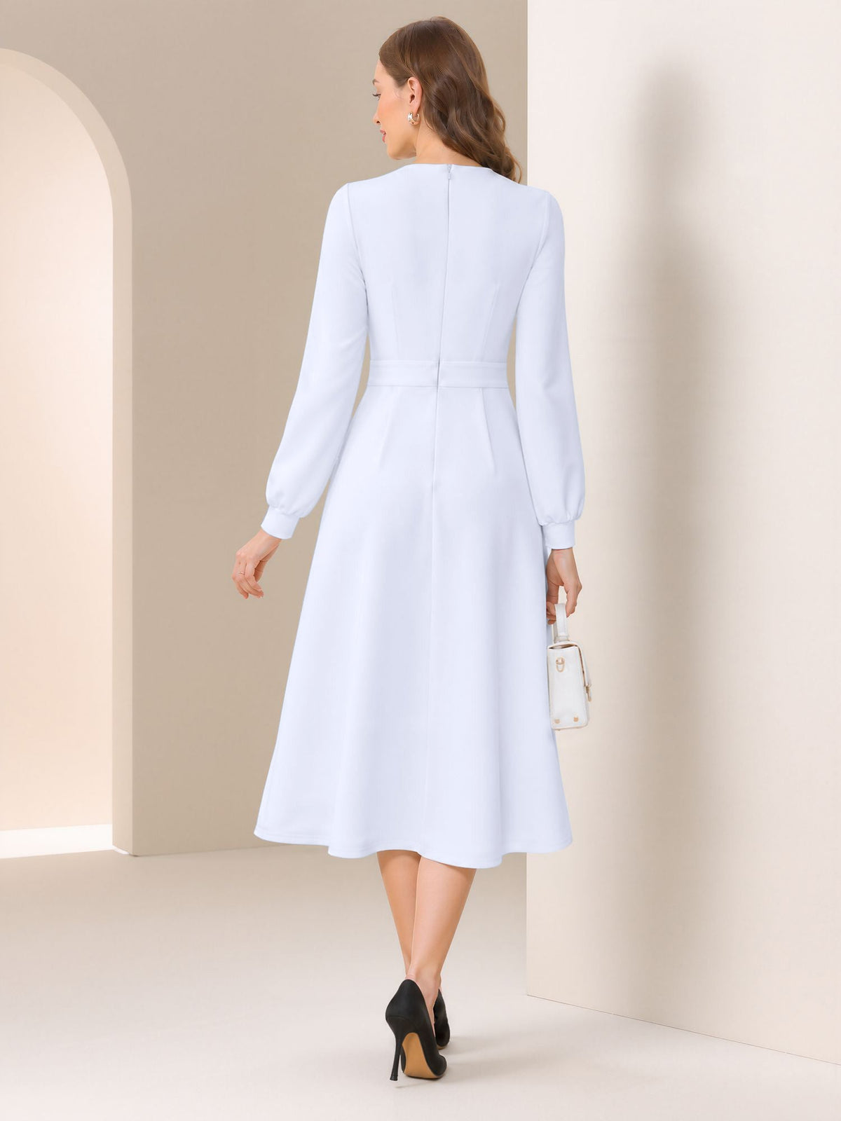 Flower Decor Lantern Sleeves A-Line Midi Dress