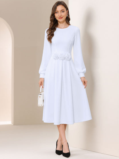 Flower Decor Lantern Sleeves A-Line Midi Dress