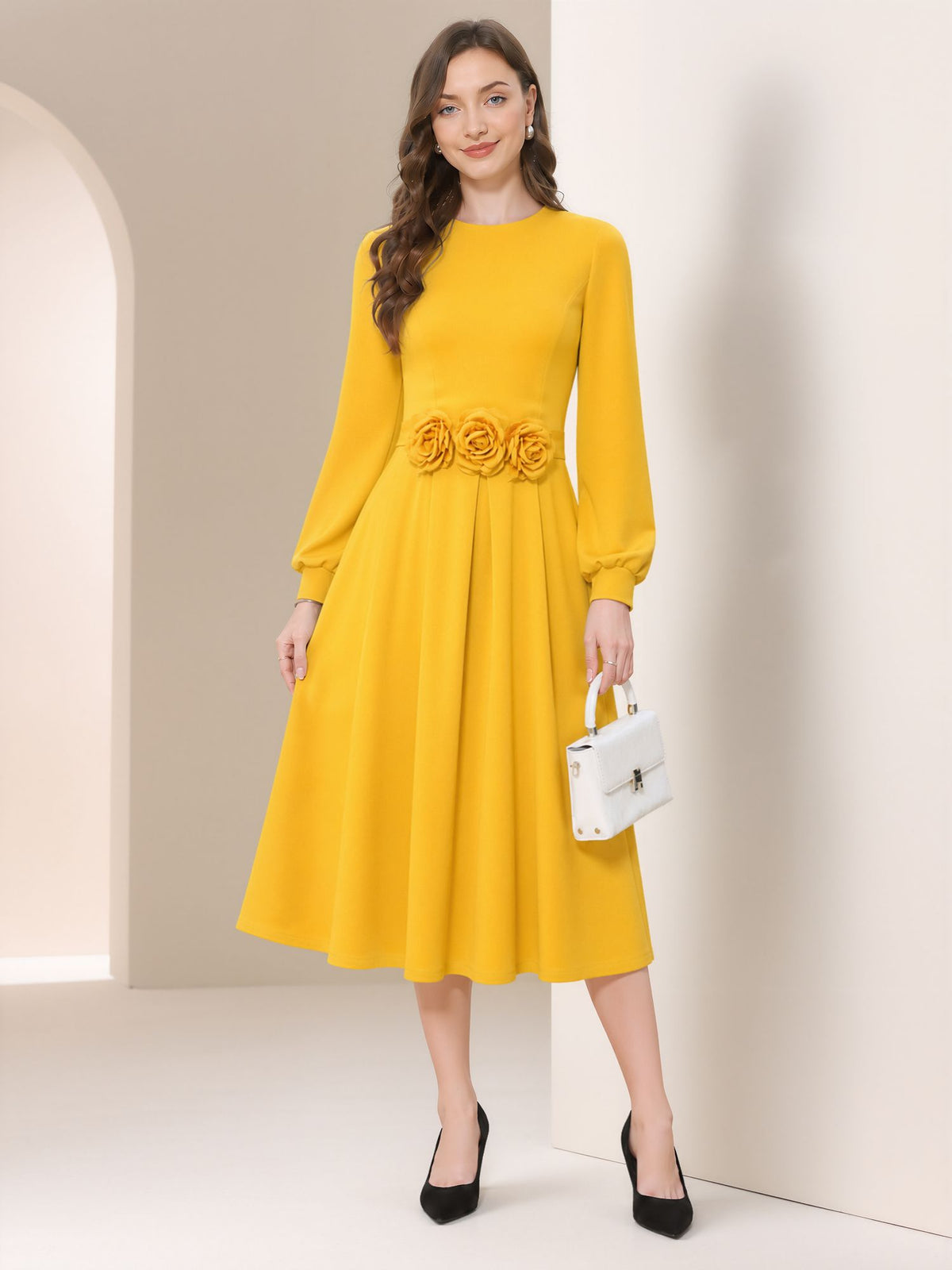 Flower Decor Lantern Sleeves A-Line Midi Dress