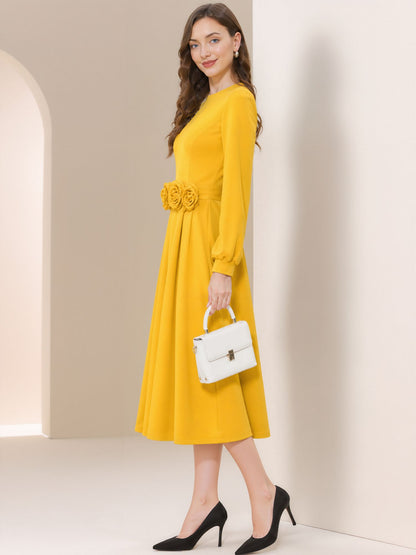 Flower Decor Lantern Sleeves A-Line Midi Dress