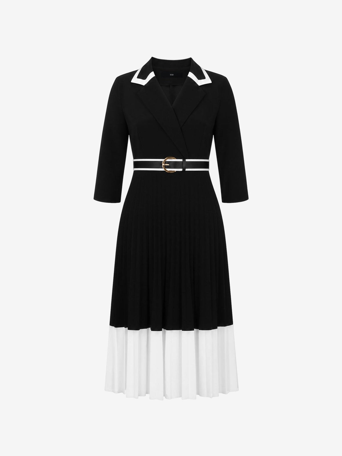 Notched Lapel Pleated Colorblock Belted Midi Dress