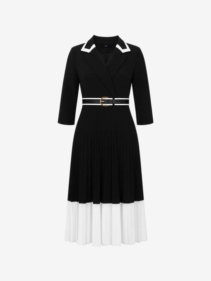 Notched Lapel Pleated Colorblock Belted Midi Dress