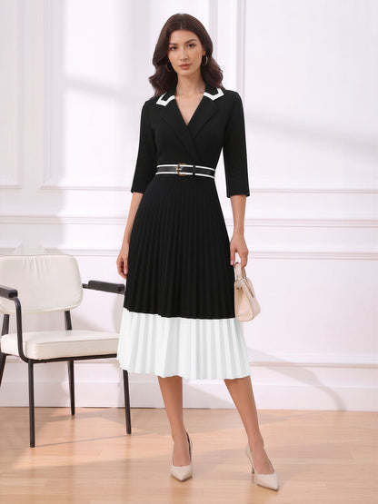 Notched Lapel Pleated Colorblock Belted Midi Dress