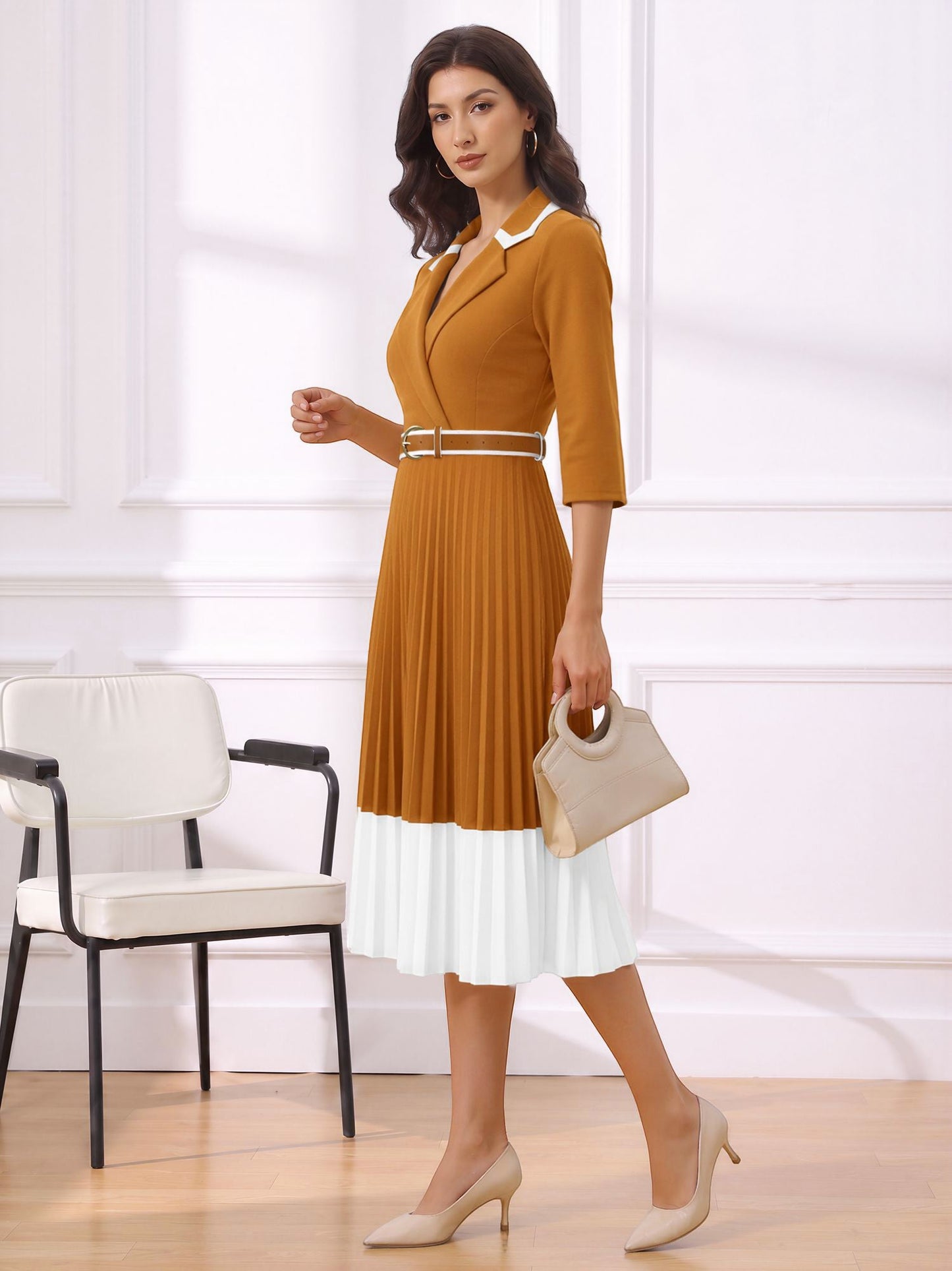 Notched Lapel Pleated Colorblock Belted Midi Dress