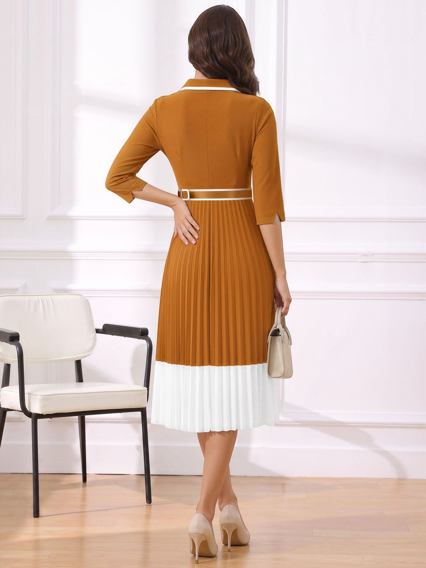 Notched Lapel Pleated Colorblock Belted Midi Dress