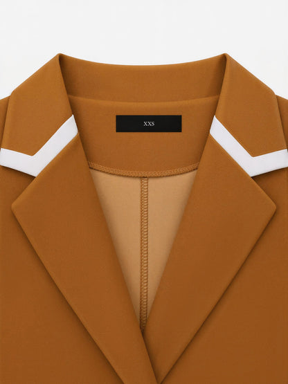 Notched Lapel Pleated Colorblock Belted Midi Dress
