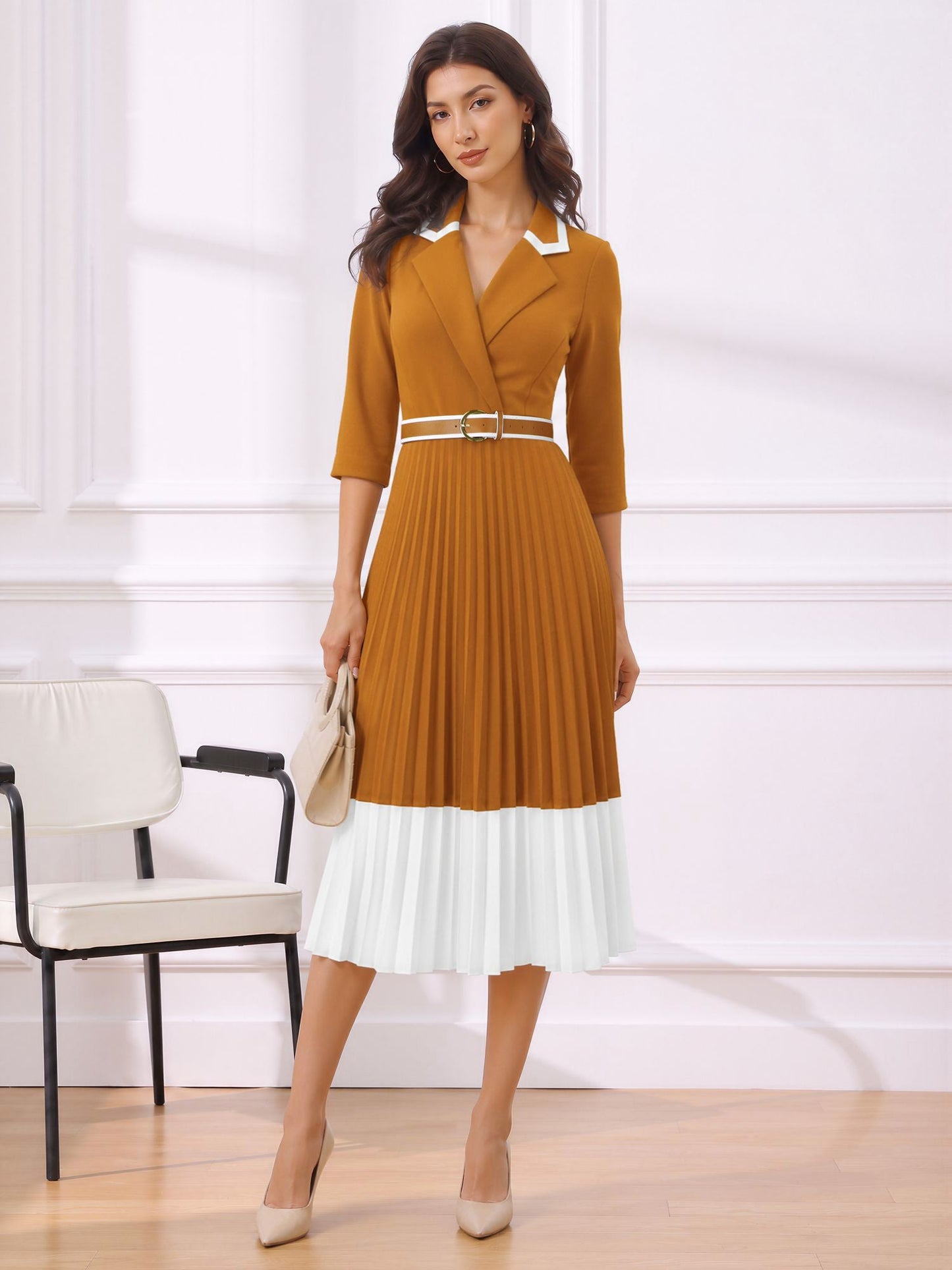 Notched Lapel Pleated Colorblock Belted Midi Dress