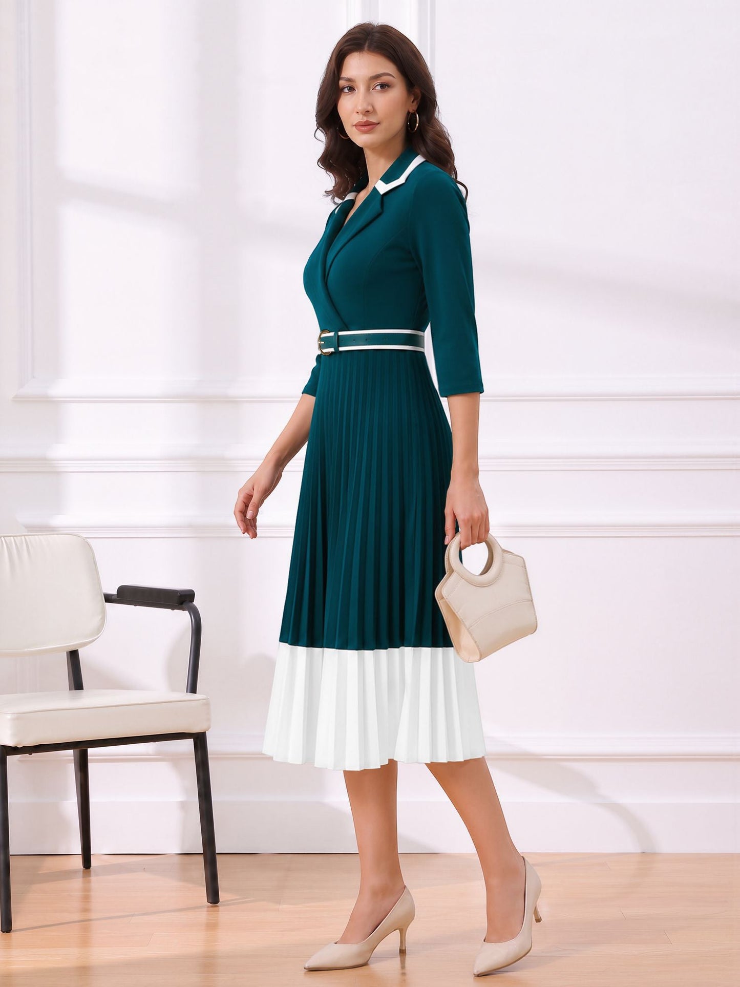 Notched Lapel Pleated Colorblock Belted Midi Dress