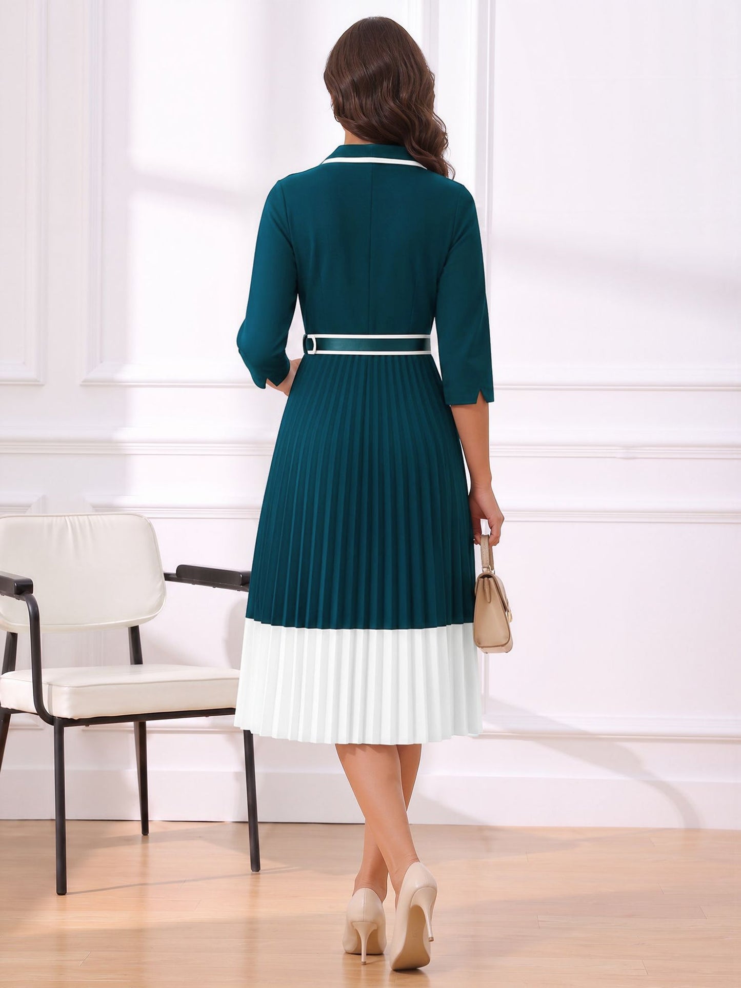 Notched Lapel Pleated Colorblock Belted Midi Dress