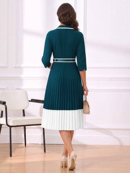 Notched Lapel Pleated Colorblock Belted Midi Dress