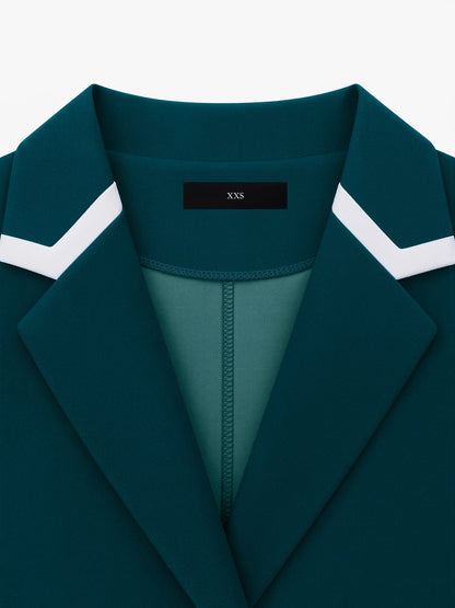 Notched Lapel Pleated Colorblock Belted Midi Dress