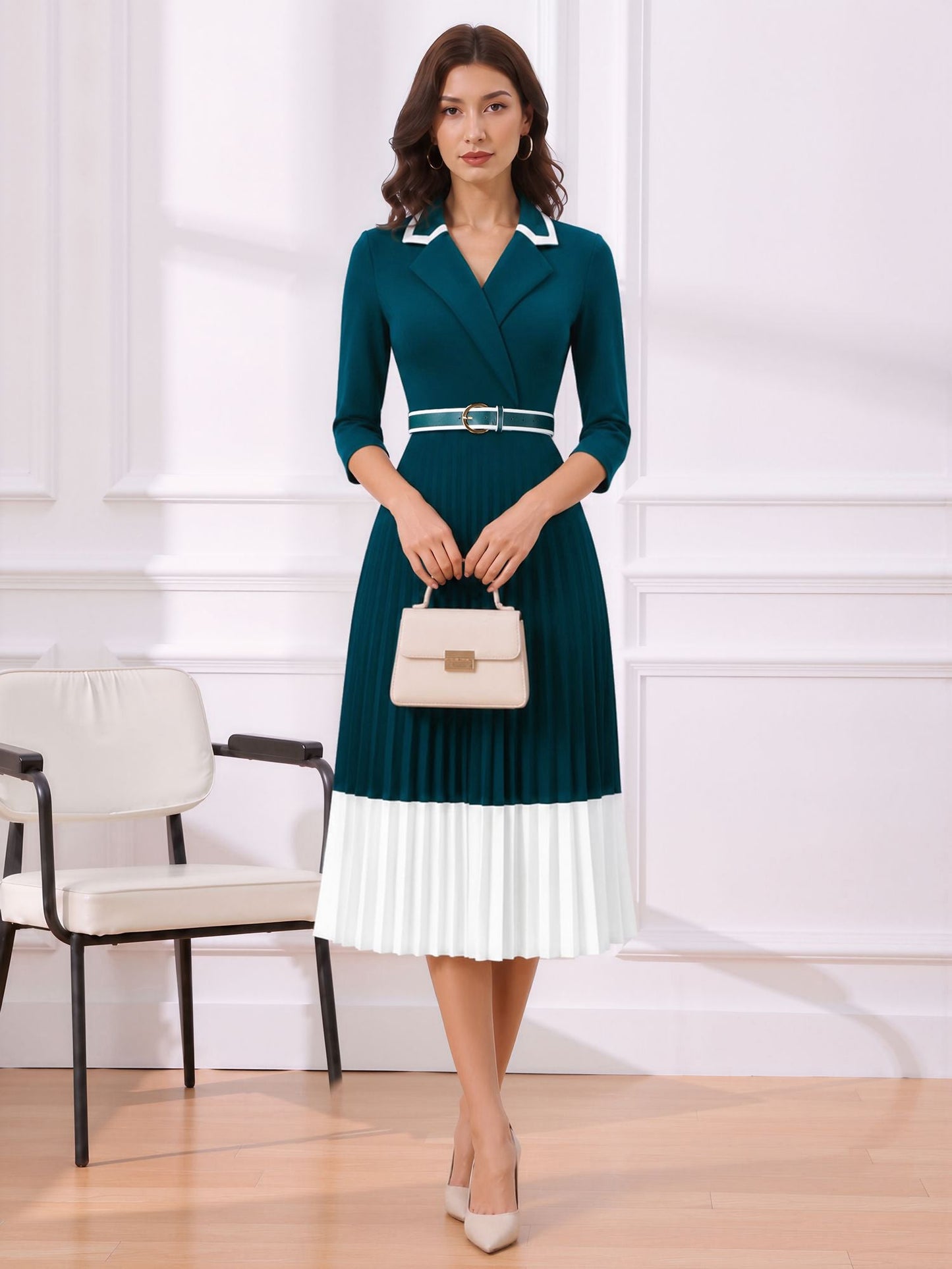 Notched Lapel Pleated Colorblock Belted Midi Dress