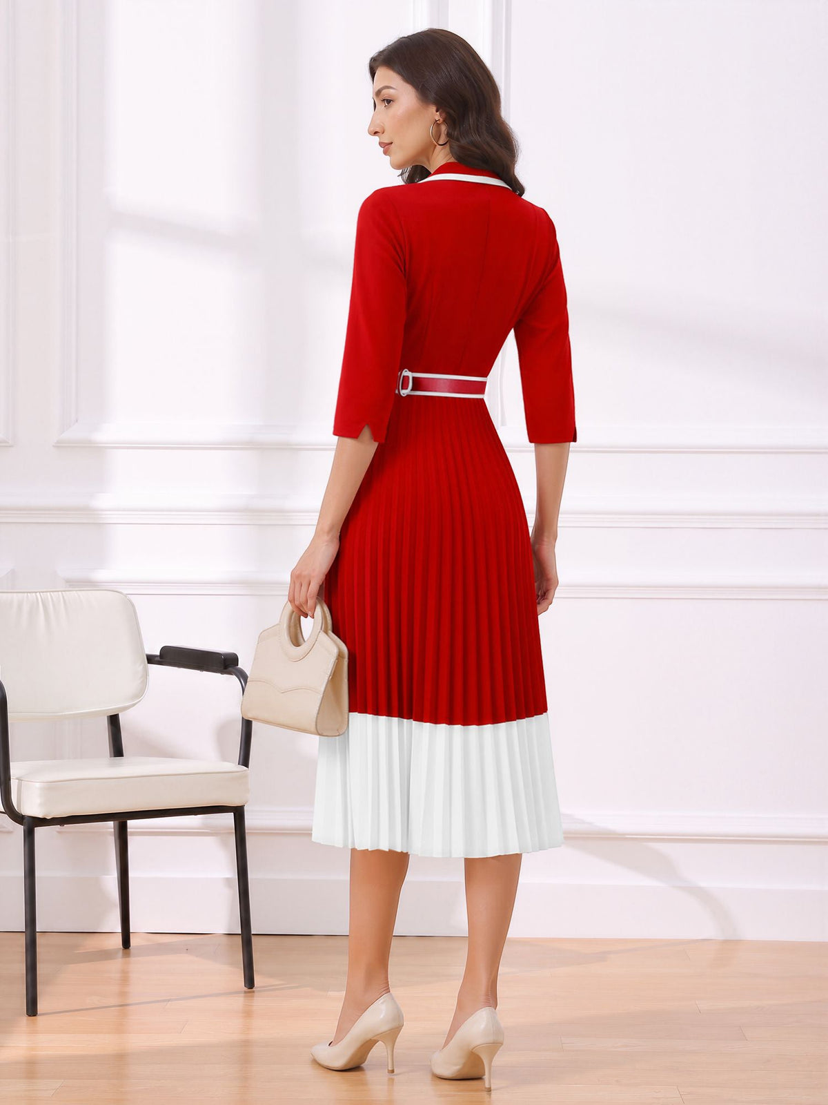 Notched Lapel Pleated Colorblock Belted Midi Dress