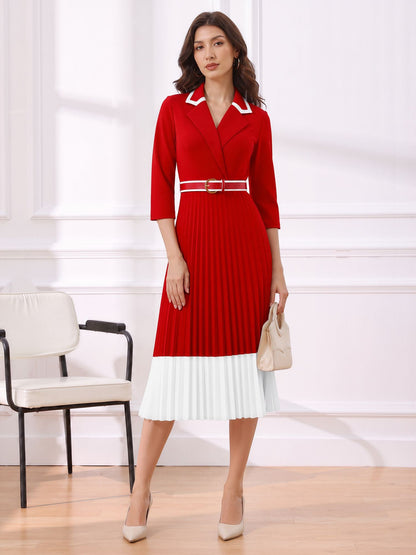 Notched Lapel Pleated Colorblock Belted Midi Dress