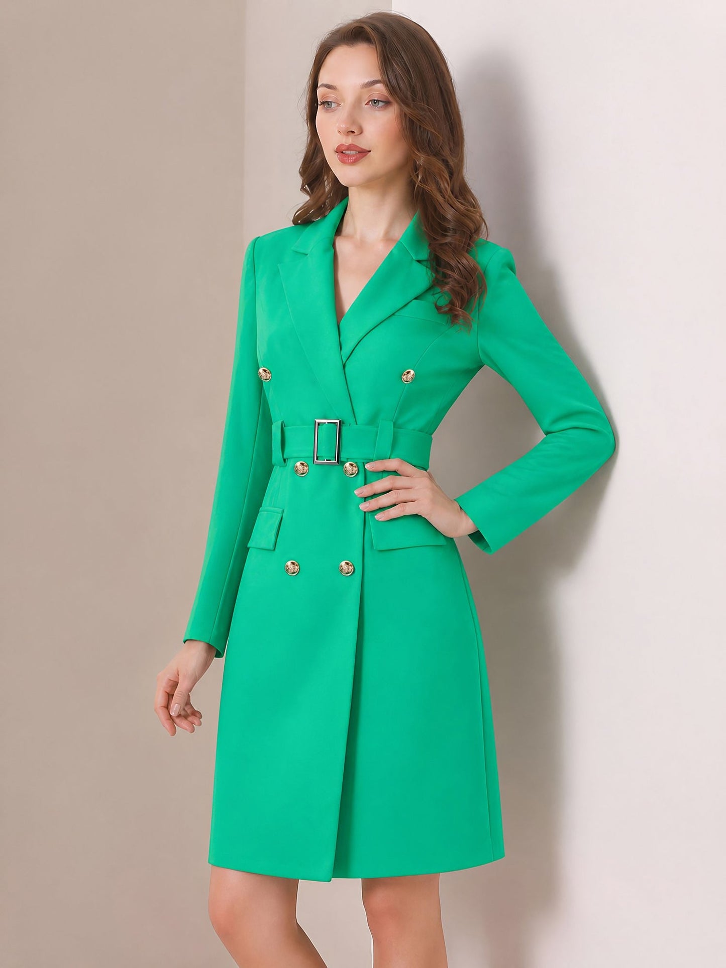 Notched Lapel Double-Breasted Belted Blazer Dress