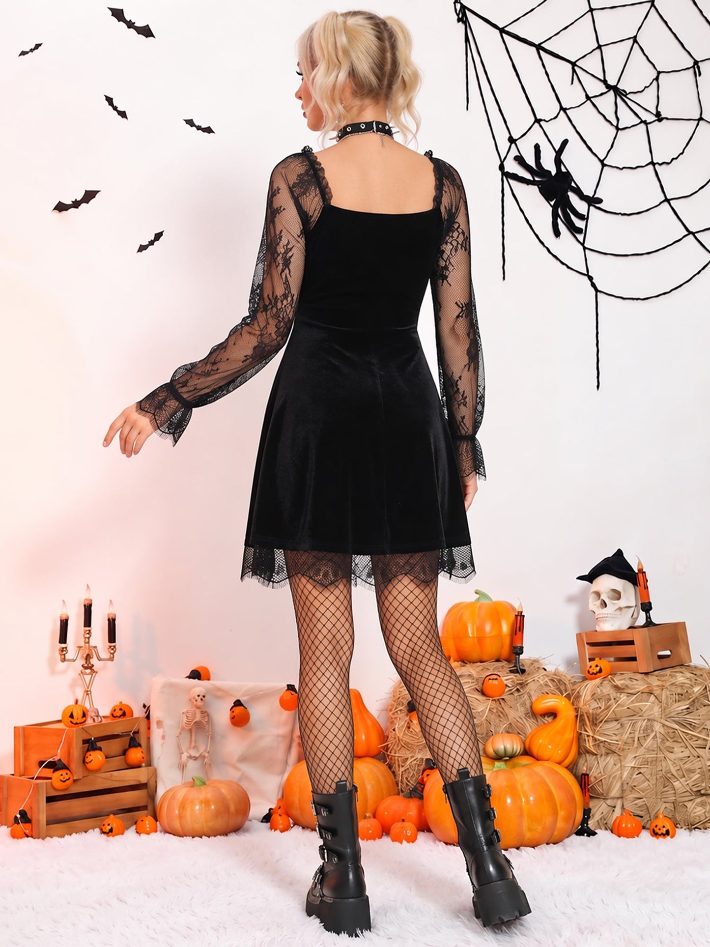 Halloween Lace Velvet Patchwork A-Line Mini Dress