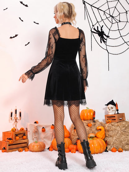 Halloween Lace Velvet Patchwork A-Line Mini Dress