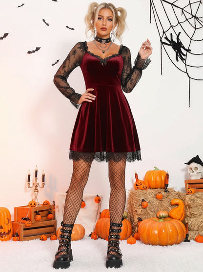Halloween Lace Velvet Patchwork A-Line Mini Dress