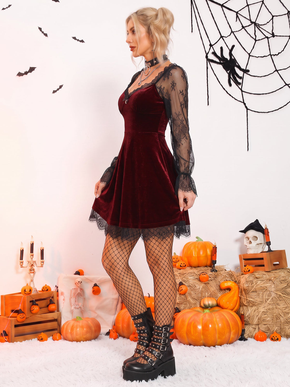 Halloween Lace Velvet Patchwork A-Line Mini Dress