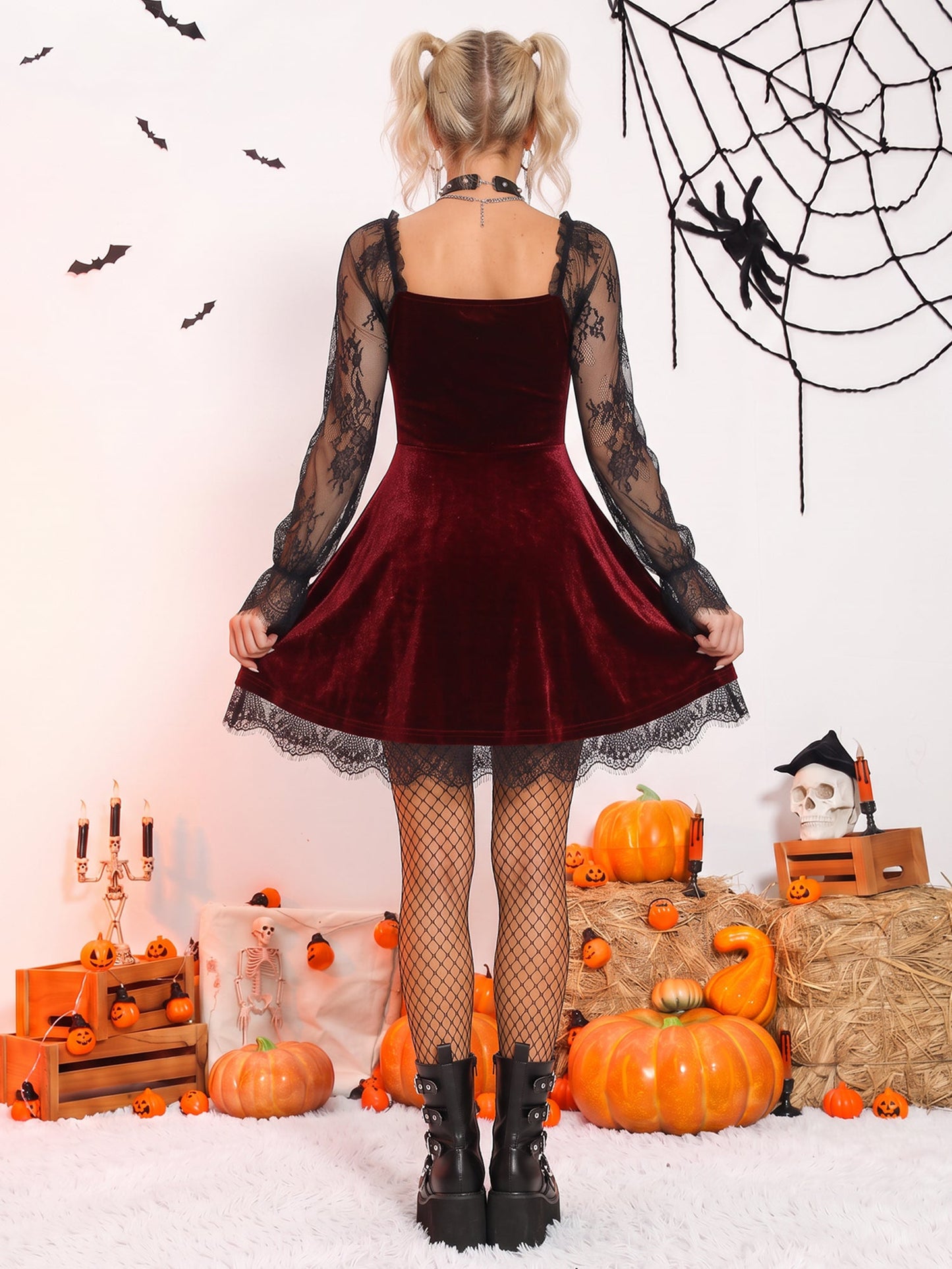 Halloween Lace Velvet Patchwork A-Line Mini Dress