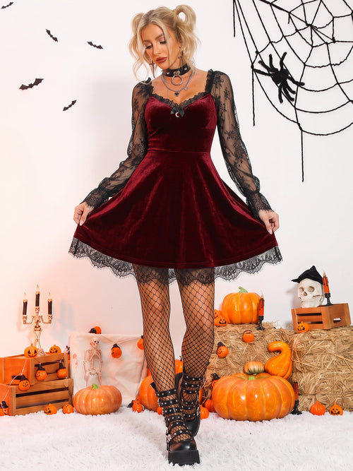 Halloween Lace Velvet Patchwork A-Line Mini Dress