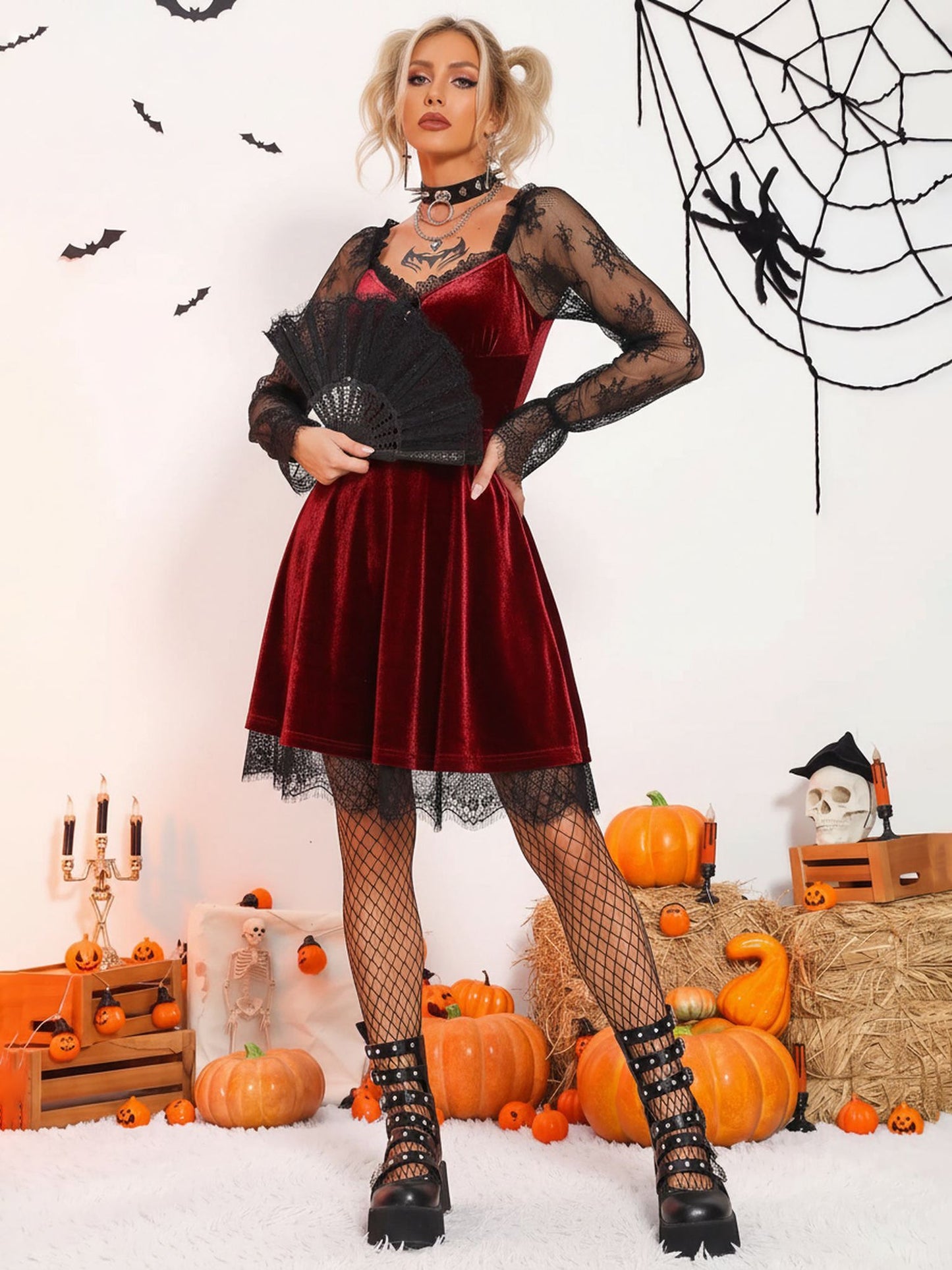 Halloween Lace Velvet Patchwork A-Line Mini Dress