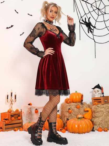 Halloween Lace Velvet Patchwork A-Line Mini Dress