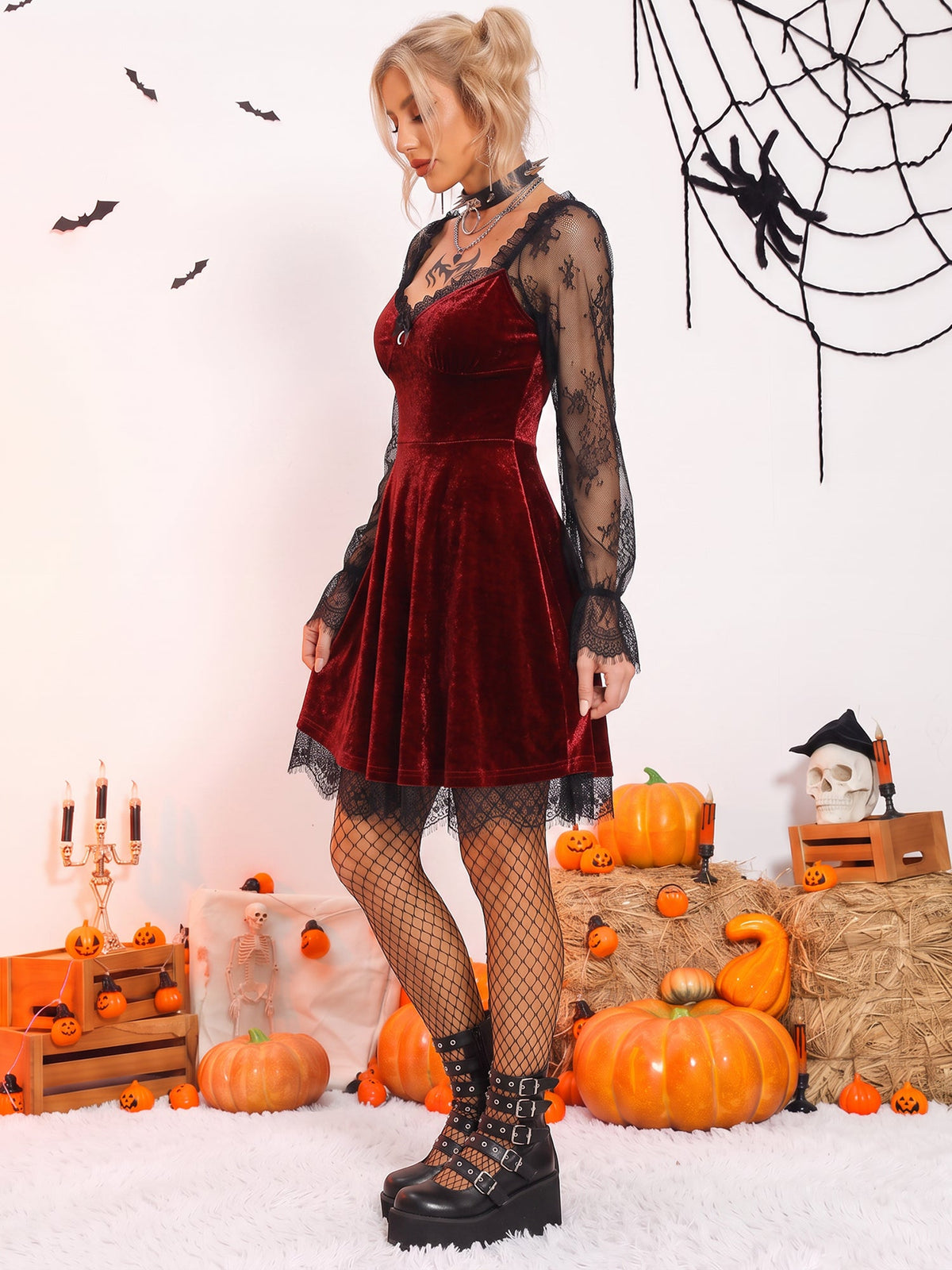 Halloween Lace Velvet Patchwork A-Line Mini Dress