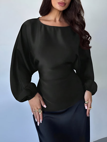 Satin Round Neck Batwing Long Sleeve Lace-Up Blouse