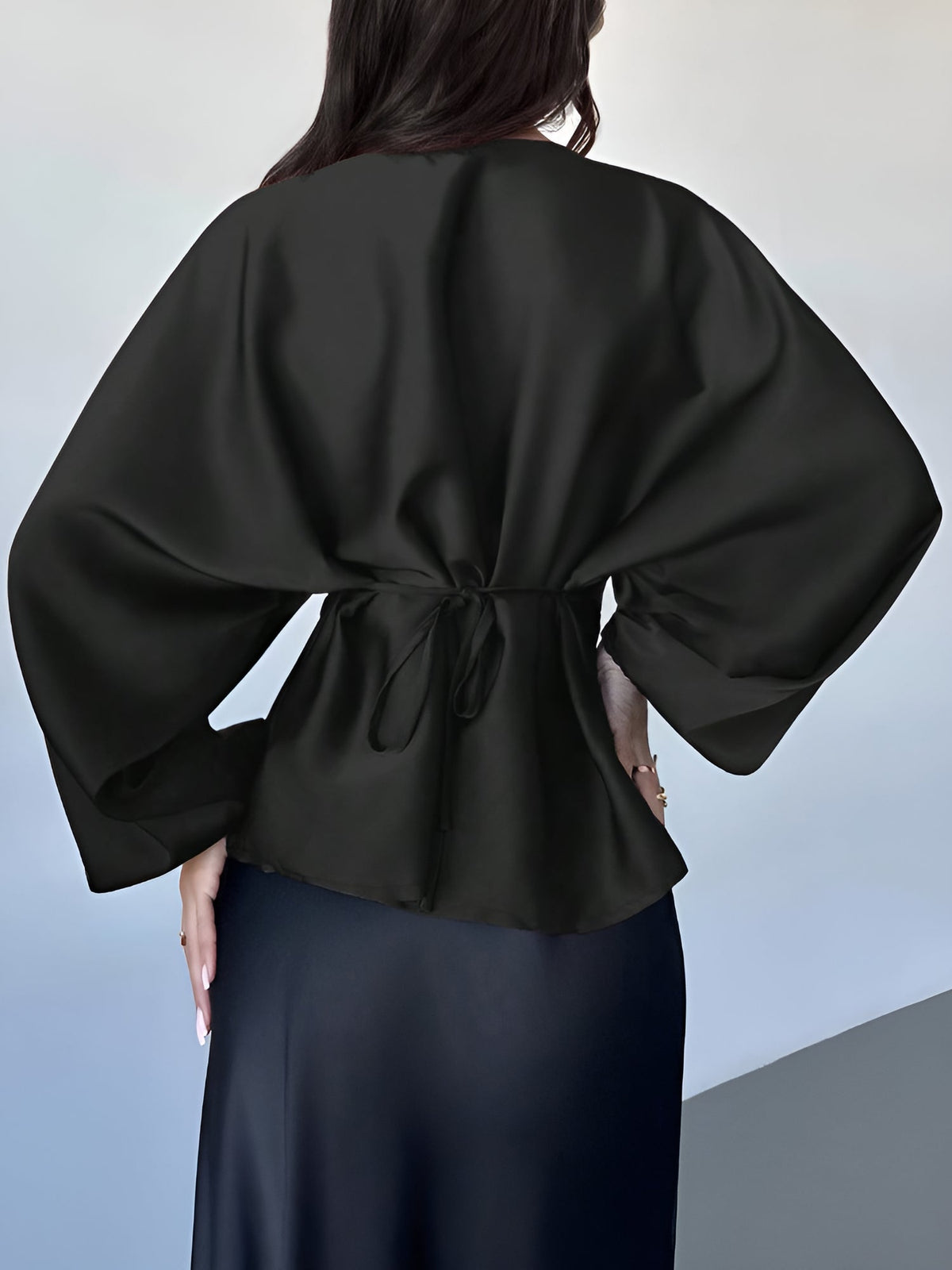 Satin Round Neck Batwing Long Sleeve Lace-Up Blouse