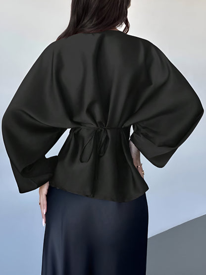 Satin Round Neck Batwing Long Sleeve Lace-Up Blouse