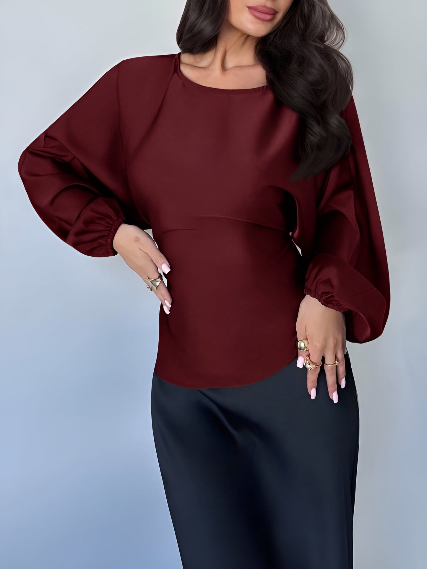 Satin Round Neck Batwing Long Sleeve Lace-Up Blouse