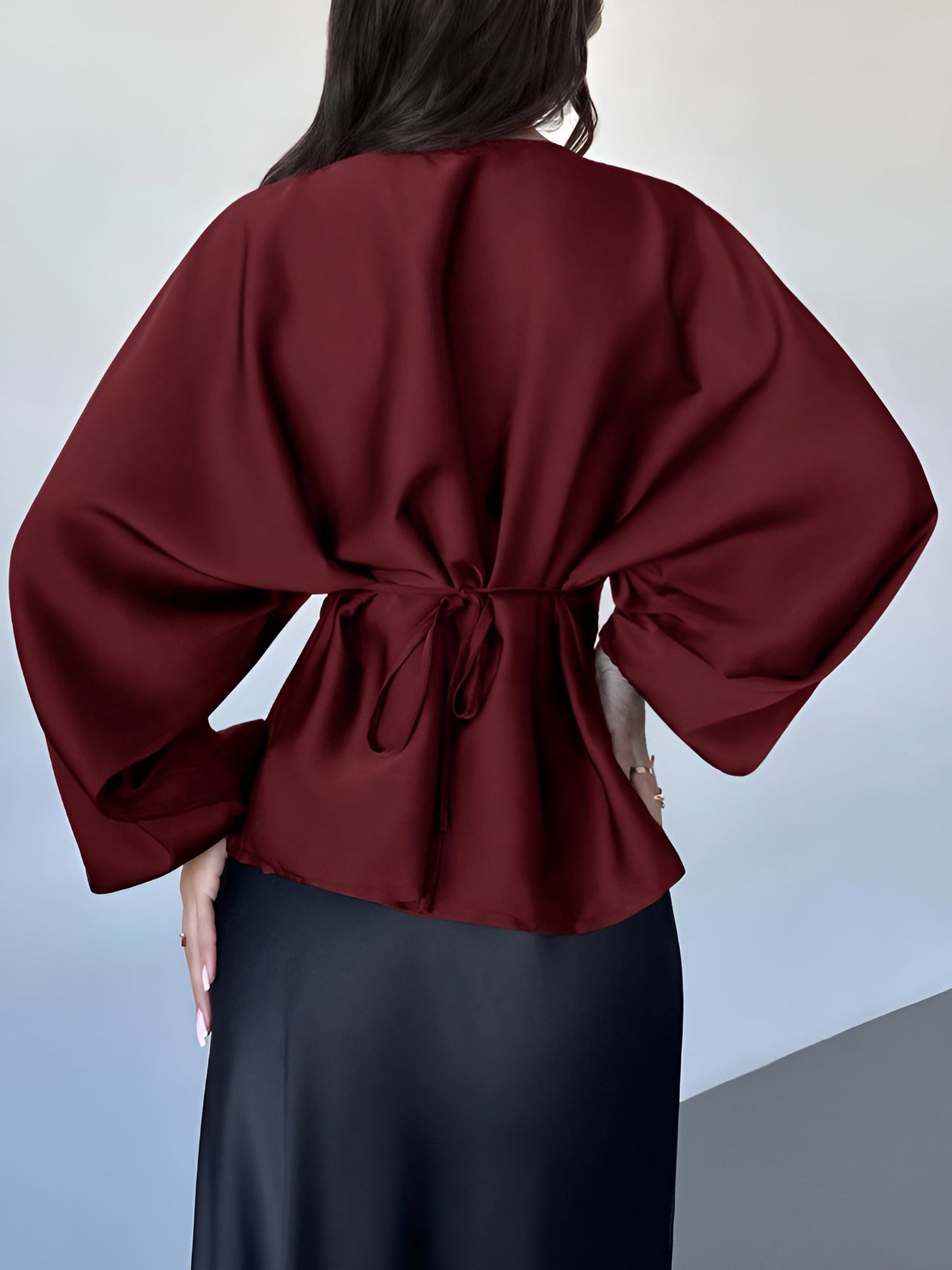 Satin Round Neck Batwing Long Sleeve Lace-Up Blouse