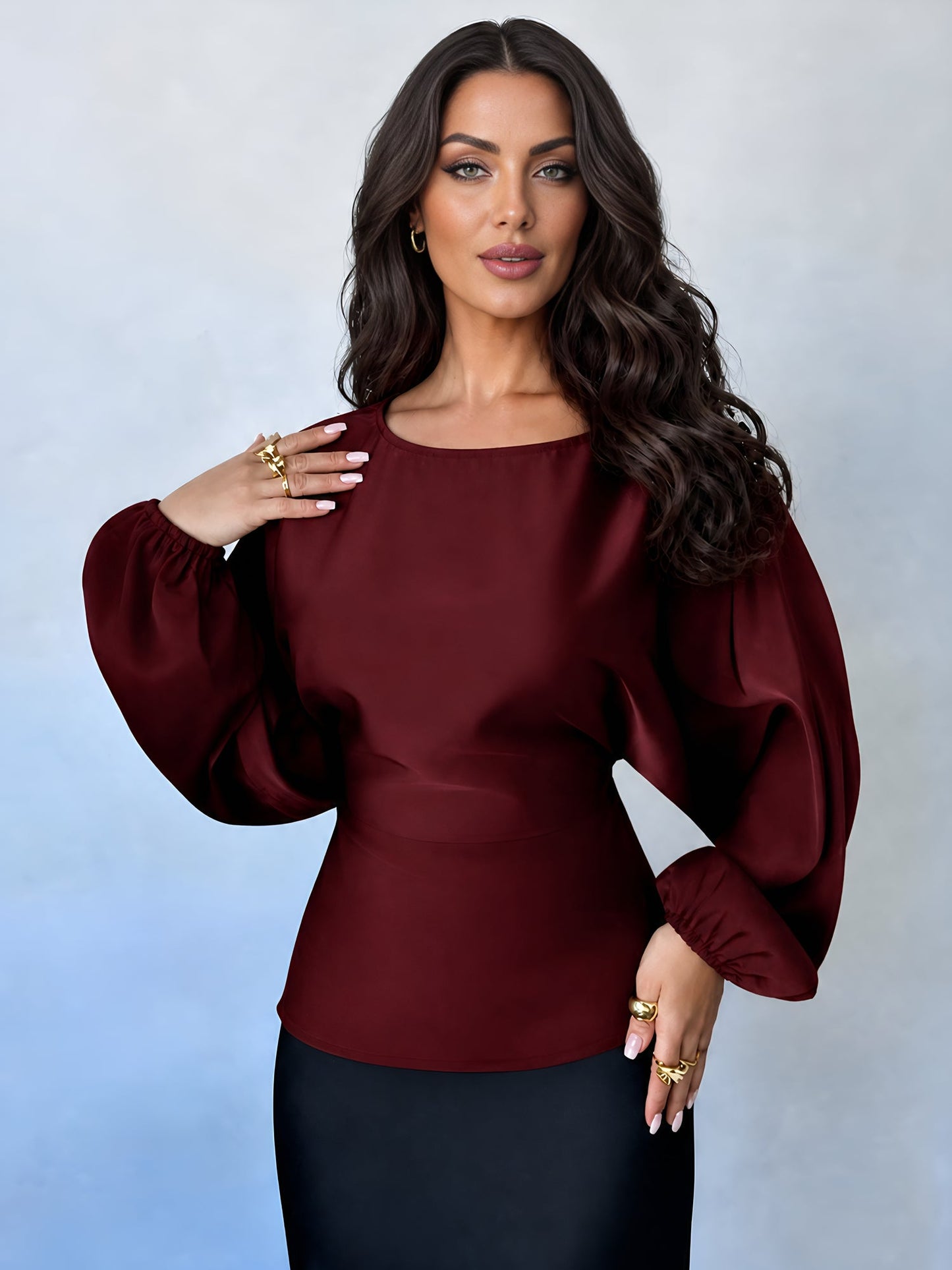 Satin Round Neck Batwing Long Sleeve Lace-Up Blouse