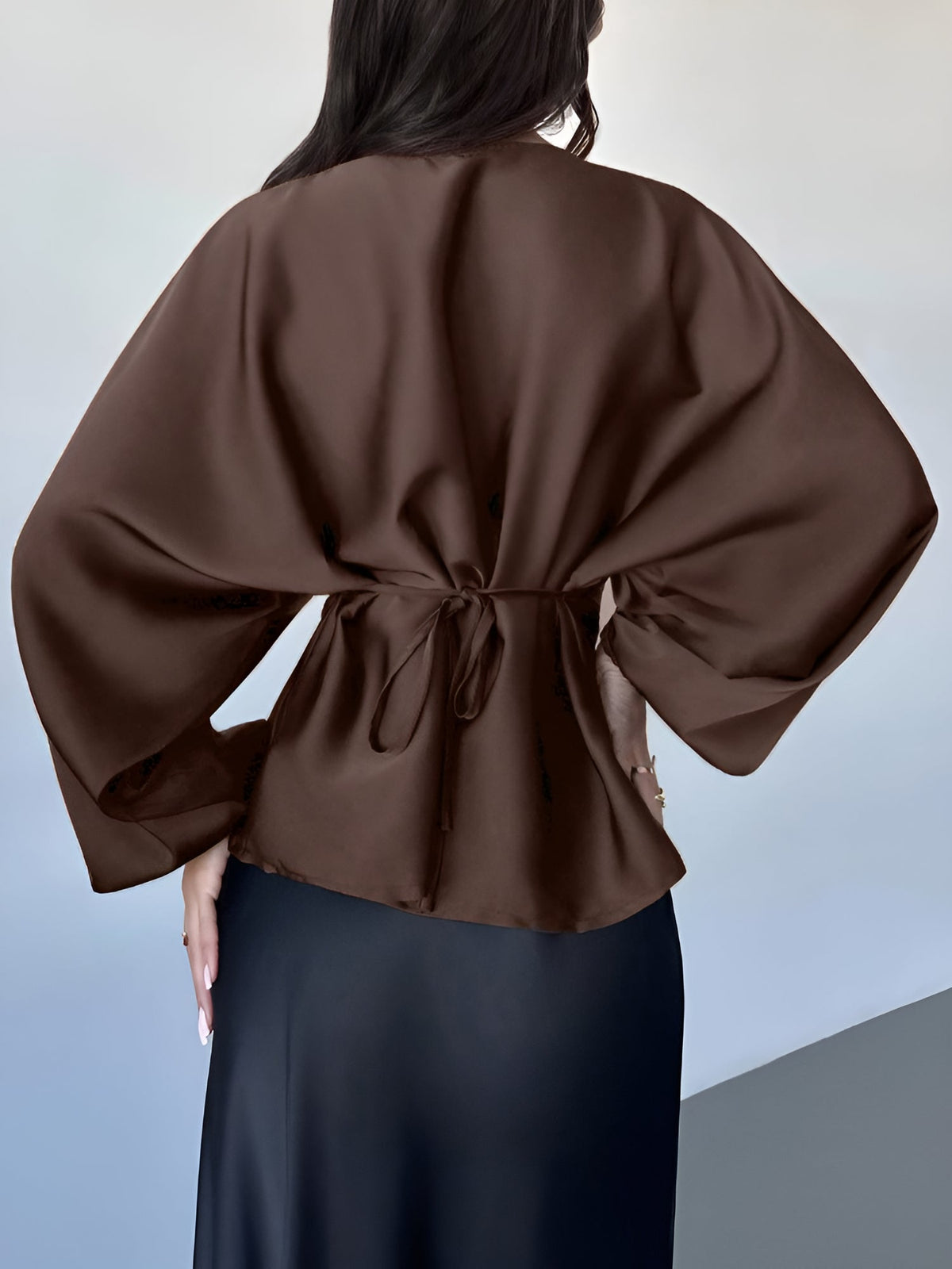 Satin Round Neck Batwing Long Sleeve Lace-Up Blouse