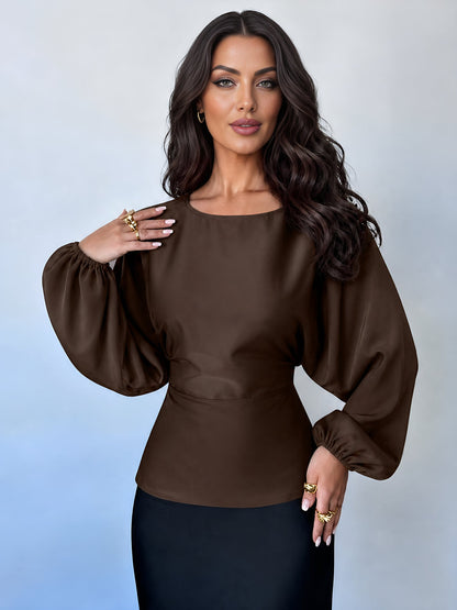 Satin Round Neck Batwing Long Sleeve Lace-Up Blouse