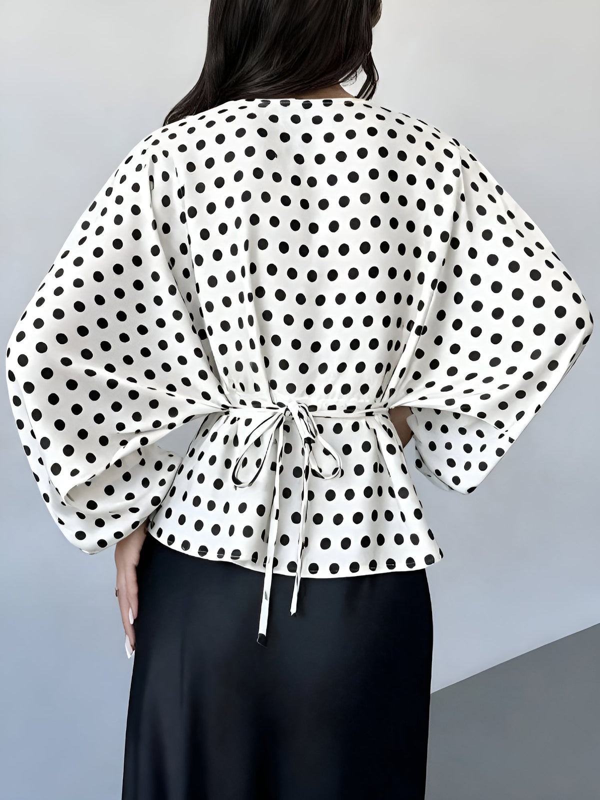 Satin Round Neck Batwing Long Sleeve Lace-Up Blouse