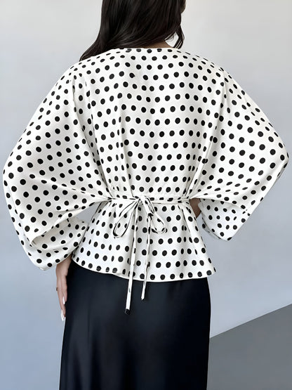 Satin Round Neck Batwing Long Sleeve Lace-Up Blouse