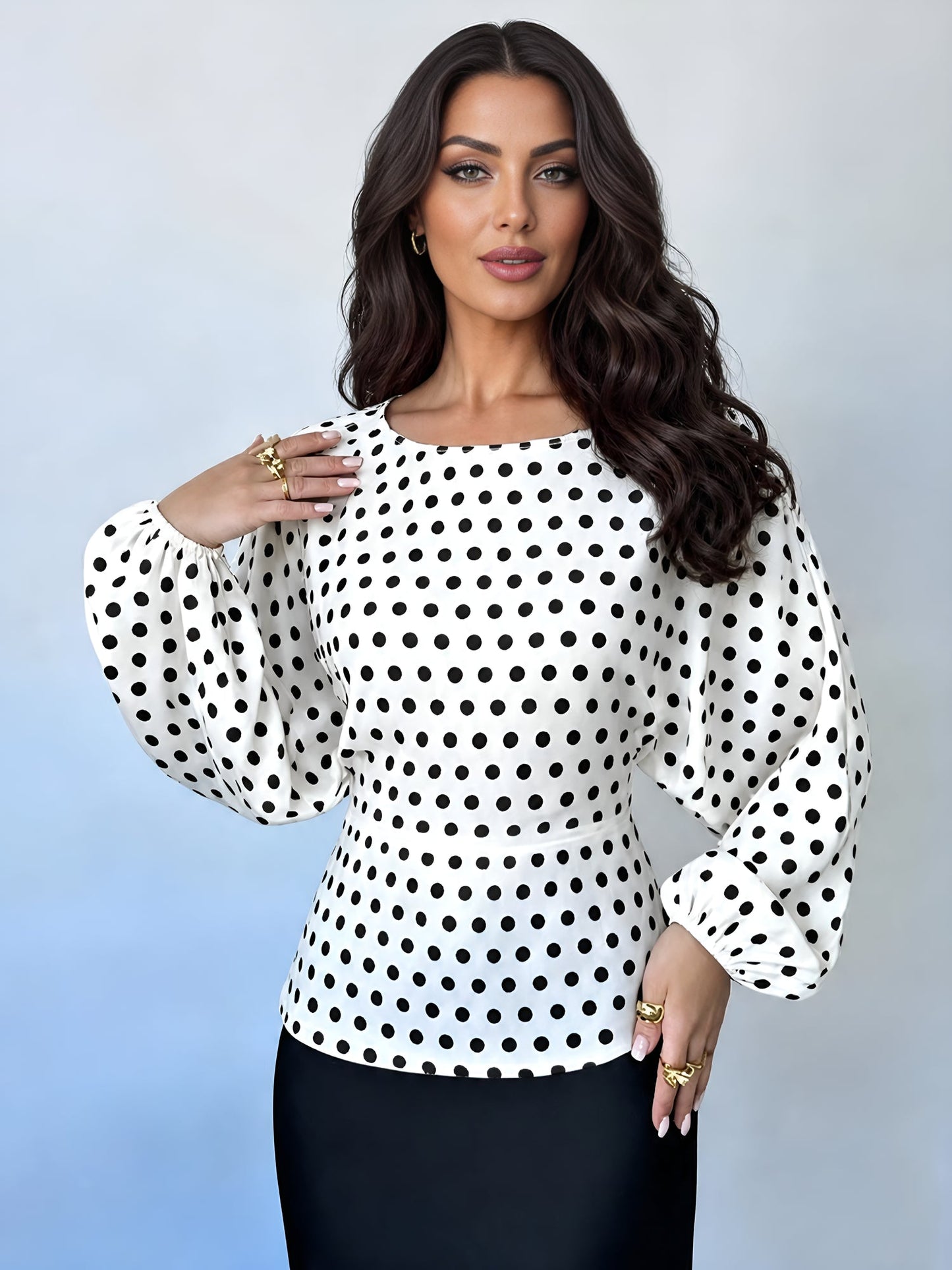 Satin Round Neck Batwing Long Sleeve Lace-Up Blouse