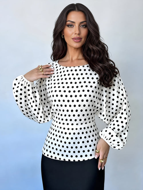 Satin Round Neck Batwing Long Sleeve Lace-Up Blouse
