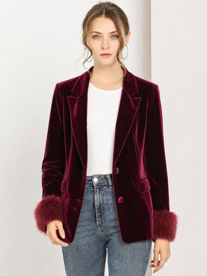 Velvet Notched Lapel Long Sleeves Faux Fur Cuff Blazer