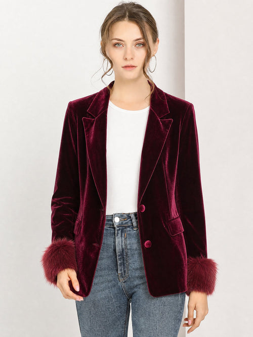 Velvet Notched Lapel Long Sleeves Faux Fur Cuff Blazer