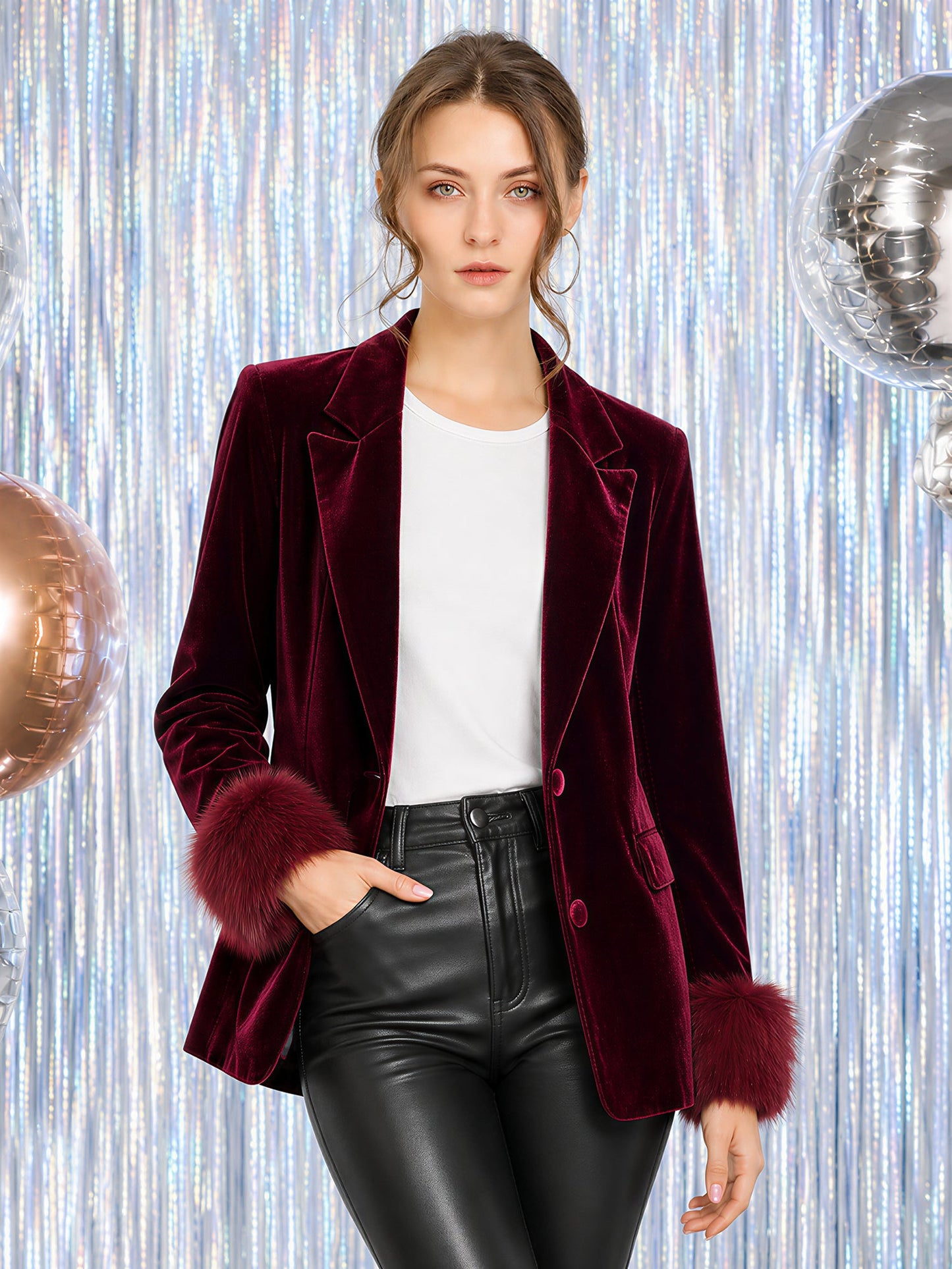 Velvet Notched Lapel Long Sleeves Faux Fur Cuff Blazer