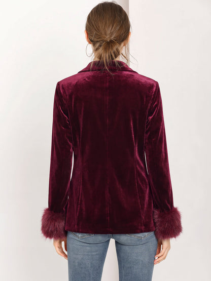 Velvet Notched Lapel Long Sleeves Faux Fur Cuff Blazer