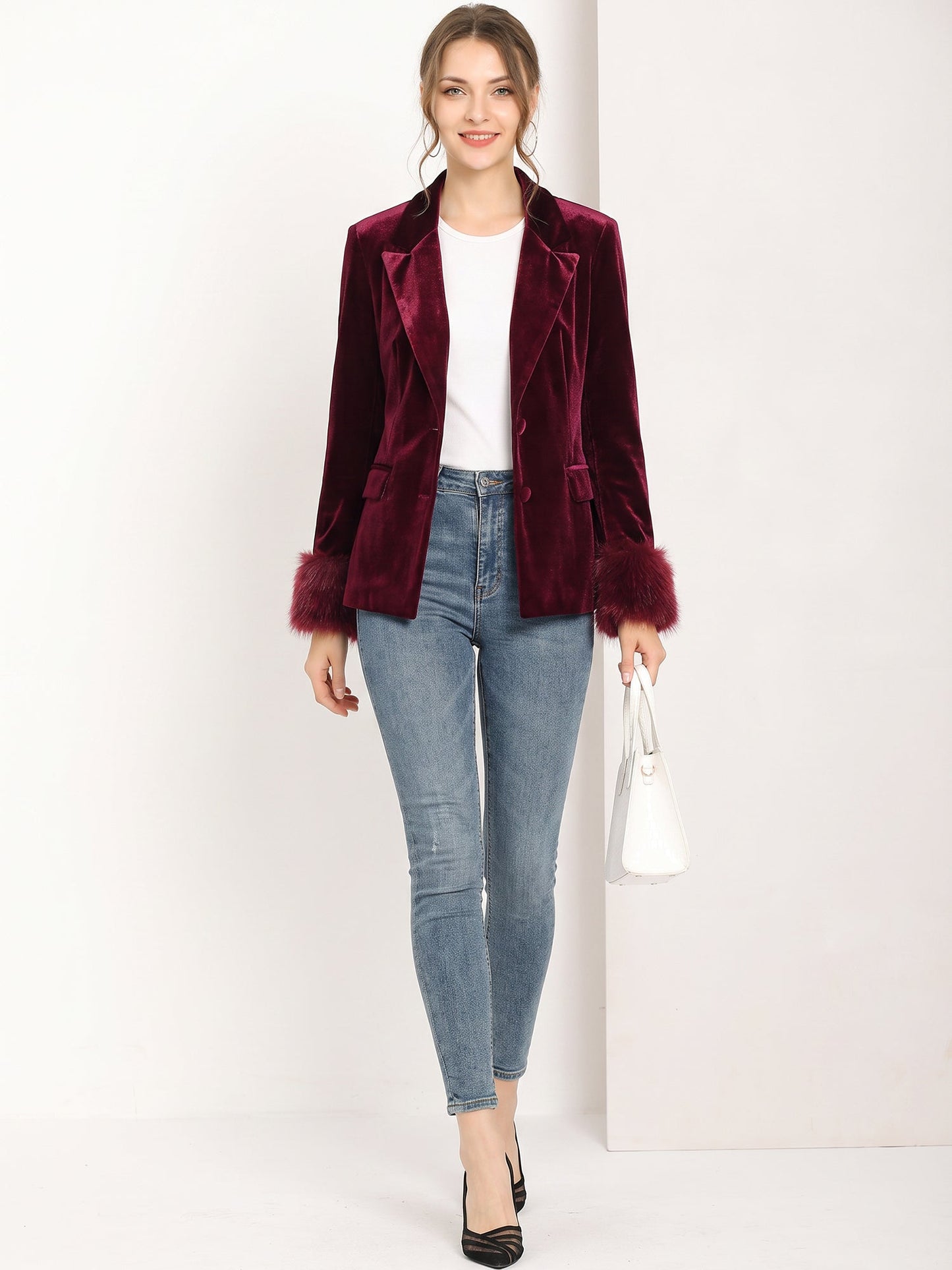 Velvet Notched Lapel Long Sleeves Faux Fur Cuff Blazer