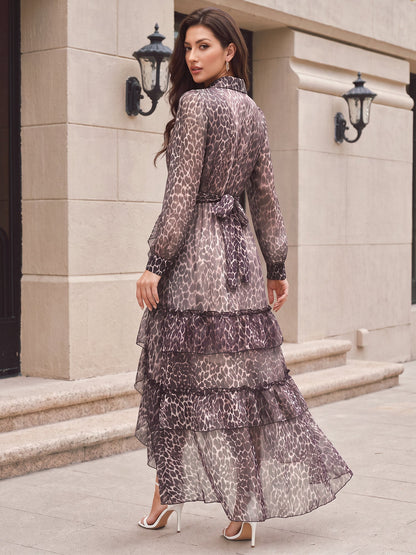 Sheer Leopard Long Sleeve Tiered Ruffled Dress