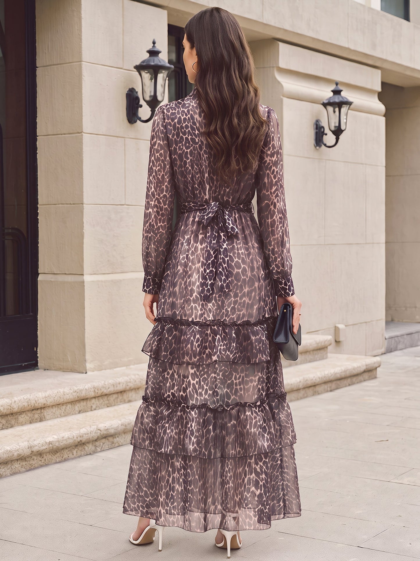 Sheer Leopard Long Sleeve Tiered Ruffled Dress